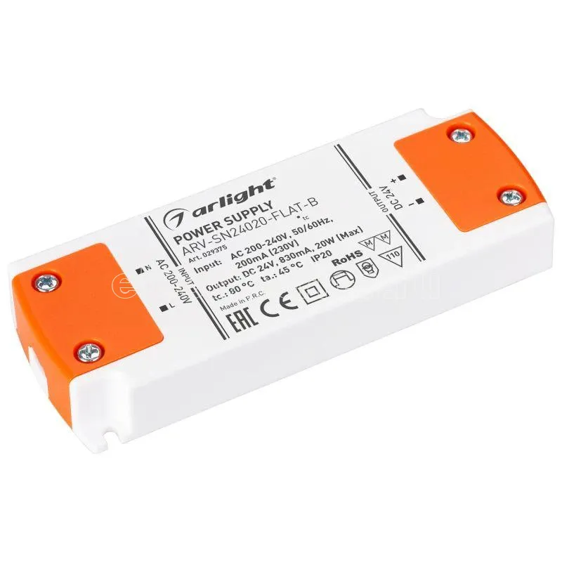 Фото Блок питания ARV-SN24020-FLAT-B 24В 0.83А 20Вт IP20 пластик 3 года Arlight 029375