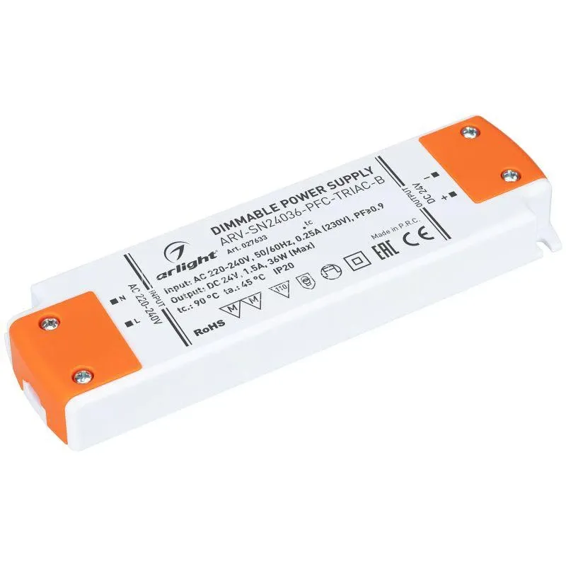 Фото Блок питания ARV-SN24036-PFC-TRIAC-B 24В 1.5А 36Вт IP20 пластик 3 года Arlight 027633