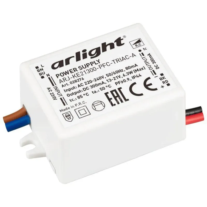 Фото Блок питания ARJ-KE21300-PFC-TRIAC-A 6.3Вт 300мА IP44 пластик 5 лет Arlight 028276