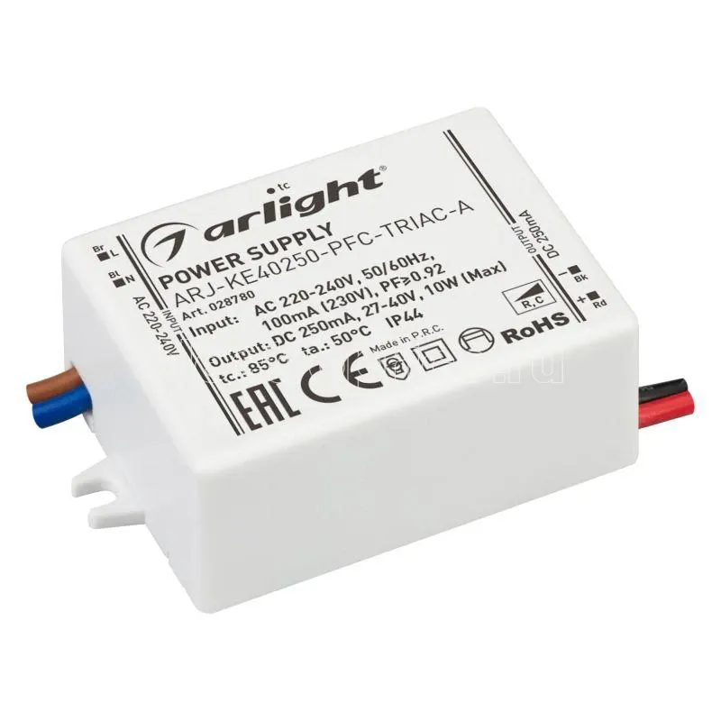 Фото Блок питания ARJ-KE40250-PFC-TRIAC-A 10Вт 250мА IP44 пластик 5 лет Arlight 028780