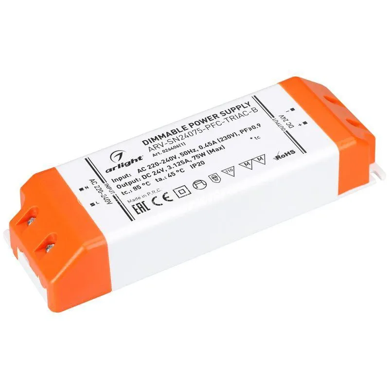 Фото Блок питания ARV-SN24075-PFC-TRIAC-B 24В 3.1А 75Вт IP20 пластик Arlight 026406(1)