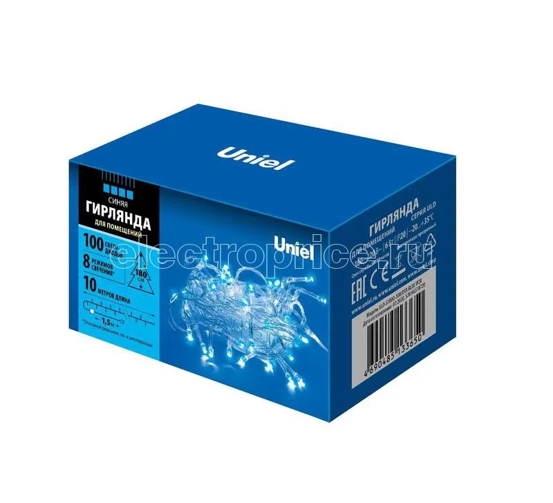 Фото Гирлянда LED ULD-S1000-100/DTA BLUE IP20 10м 100 диодов син. свет провод прозр. Uniel UL-00007197