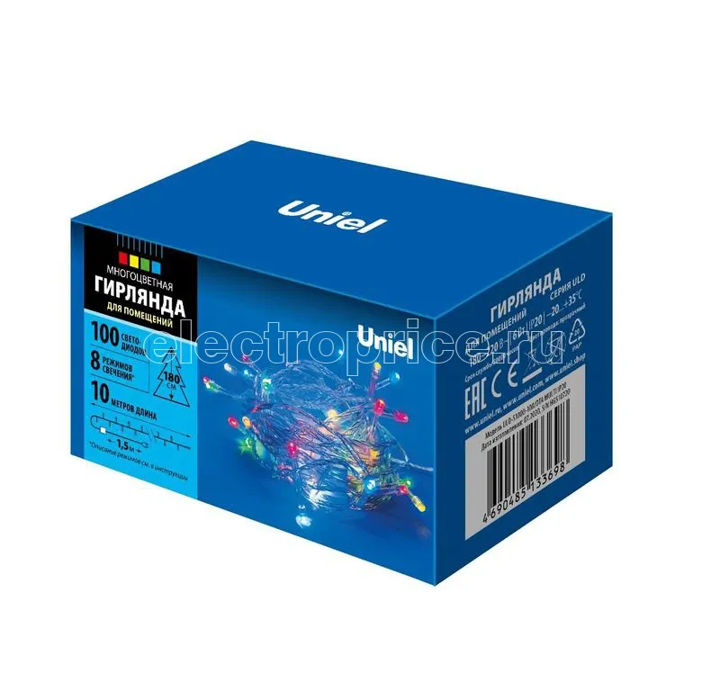 Фото Гирлянда LED ULD-S1000-100/DTA MULTI IP20 10м. 100 диодов разноцвет. свет провод прозр. Uniel UL-00007199