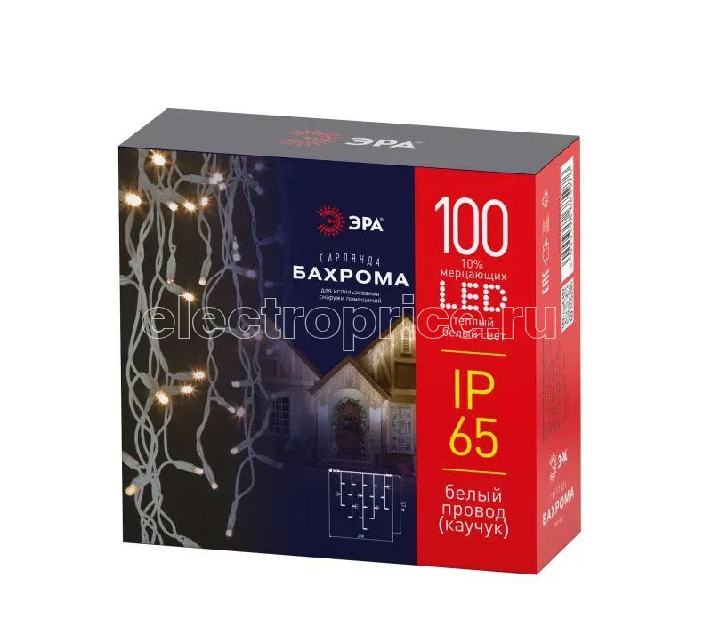 Фото Гирлянда светодиодная "Бахрома" 0.7х2м 100LED тепл. бел. новогодняя провод бел. каучук Эра Б0056012