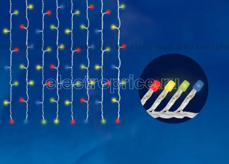Фото Занавес ULD-C1515-160/DTA MULTI IP20 светодиодный с контроллером 1.5х1.5м 160 диодов разноцветный провод прозр. Uniel UL-00005268