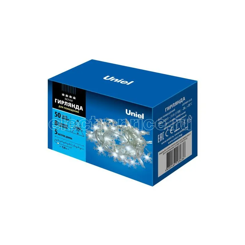 Фото Гирлянда LED "Снежинки-2" ULD-S0500-050/DTA WHITE IP20 SNOWFLAKES-2 5м 50 диодов бел. свет провод прозр. Uniel UL-00007196