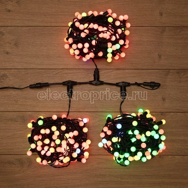 Фото Гирлянда светодиодная "LED ClipLight-Мультишарики" 3 нити х20м 399LED мультиколор RGB 40Вт 24В IP65 свечение с динамикой с трансф. провод ПВХ темн. зел. Neon-Night 323-619