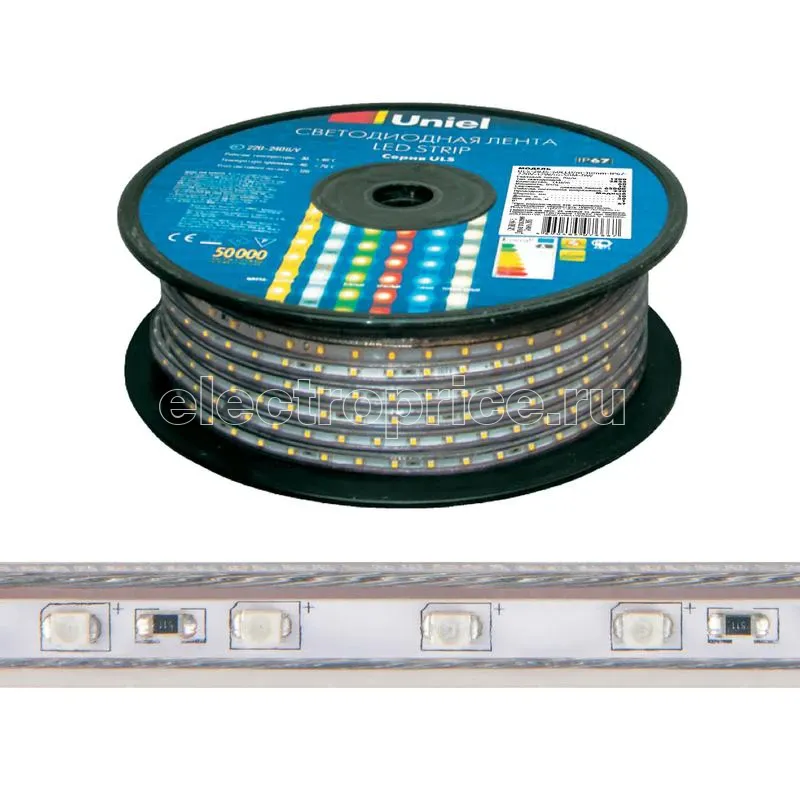 Фото Лента светодиодная ULS-2835-120LED/m-10mm-IP67-220V-10W/m-50M-4000K 10Вт/м 120LED/м 4000К нейтр. бел. IP67 220В 10мм гибкая герметичная (уп.50м) Uniel UL-00006481