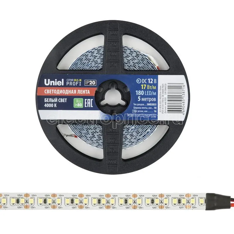 Фото Лента светодиодная ULS-M16-2835-180LED/m-10mm-IP20-DC12V-17W/m-5M-4000K PROFI 17Вт/м 180LED/м 4000К нейтр. бел. IP20 12В DC 10мм гибкая на самоклеящейся основе герметичн. упак. (уп.5м) Uniel UL-00007640