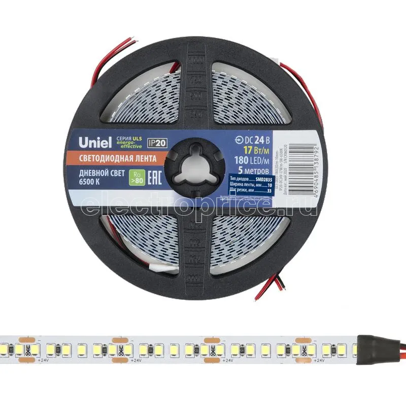 Фото Лента светодиодная ULS-2835-180LED/m-10mm-IP20-DC24V-17W/m-5M-6500K 17Вт/м 180LED/м 6500К холод. бел. IP20 24В DC 10мм гибкая на самоклеящейся основе герметичн. упак. (уп.5м) Uniel UL-00007644