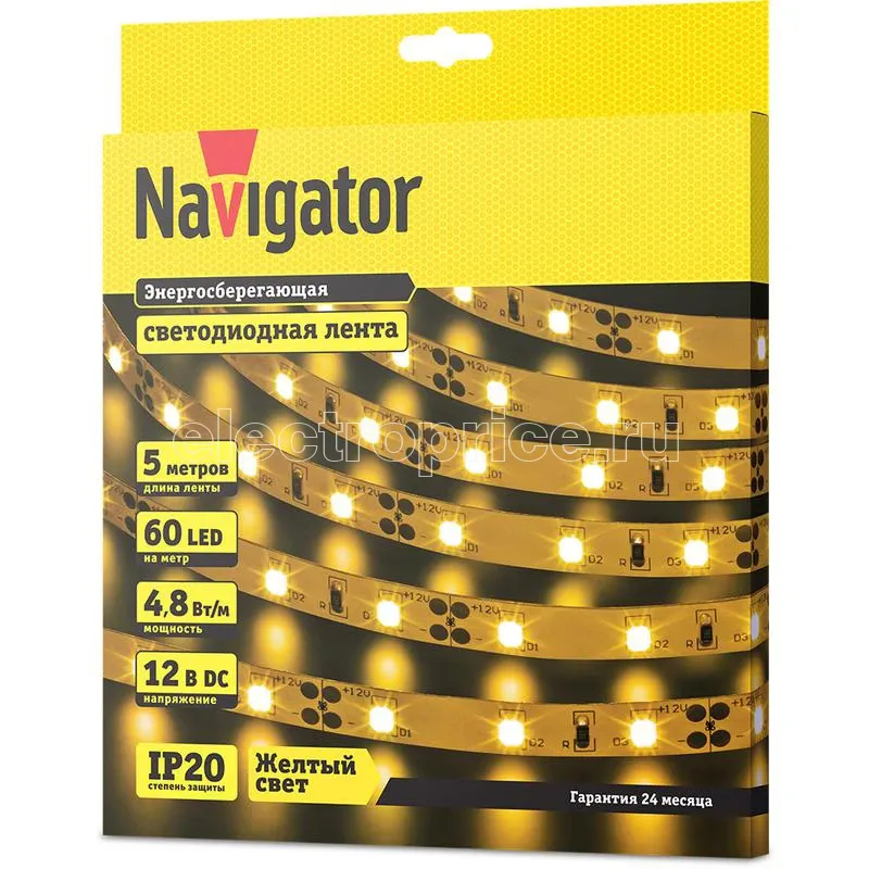 Фото Лента светодиодная 80 298 NLS-3528Y60-4.8-IP20-12V R5 (уп.5м) Navigator 80298