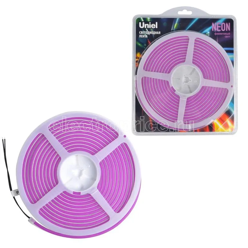 Фото Лента светодиодная гибкая ULS-N01-2835-120LED/m-6mm-IP67-DC12V-9W/m-5M-PURPLE NEON (блист. 5м) свет фиолет. Uniel UL-00009089