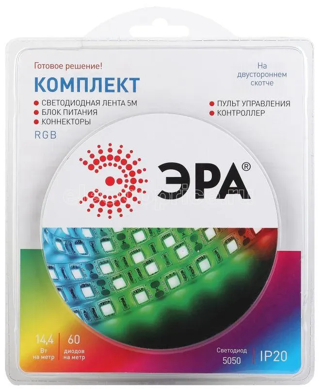 Фото Лента светодиодная 5050kit-14.4-60-12-IP20-RGB (уп.5м) ЭРА Б0043067