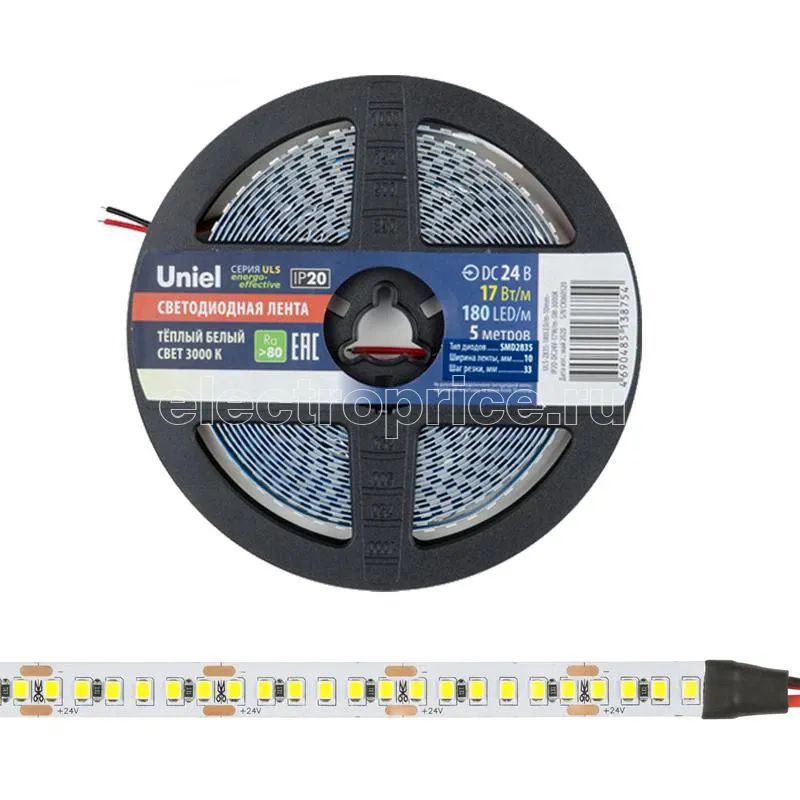 Фото Лента светодиодная ULS-2835-180LED/m-10mm-IP20-DC24V-17W/m-5M-3000K 17Вт/м 180LED/м 3000К тепл. бел. IP20 24В DC 10мм гибкая на самоклеящейся основе герметичн. упак. (уп.5м) Uniel UL-00007642