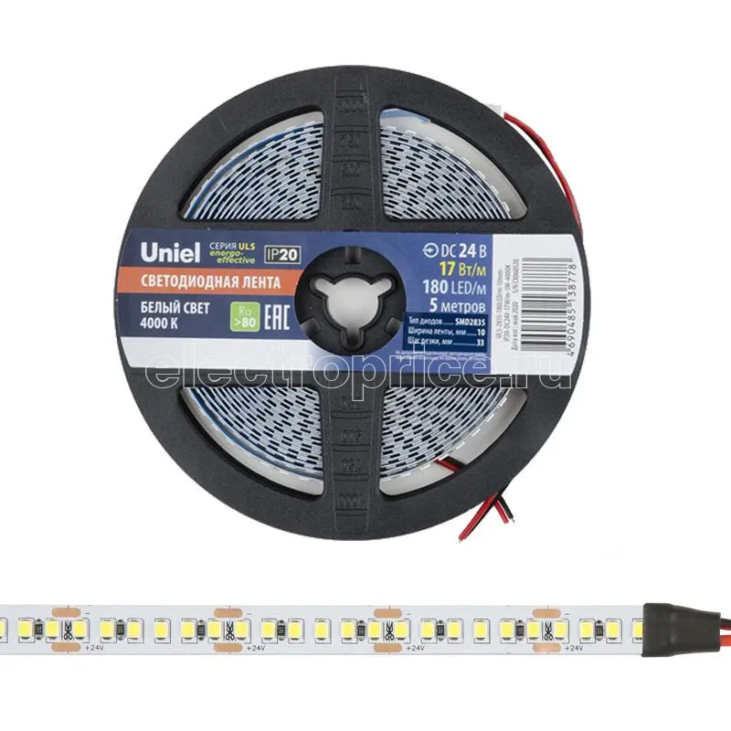 Фото Лента светодиодная ULS-2835-180LED/m-10mm-IP20-DC24V-17W/m-5M-4000K 17Вт/м 180LED/м 4000К нейтр. бел. IP20 24В DC 10мм гибкая на самоклеящейся основе герметичн. упак. (уп.5м) Uniel UL-00007643