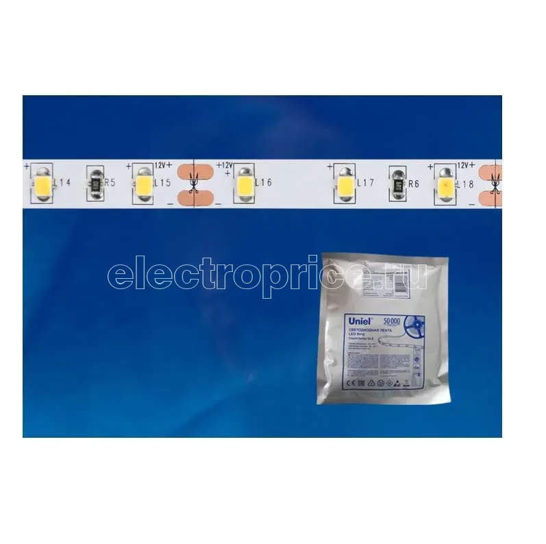 Фото Лента светодиодная ULS-2835-60LED/m-8mm-IP20-DC24V-6W/m-5M-W 6Вт/м 60LED/м 4000К нейтр. бел. IP20 24В DC 8мм гибкая на самоклеящейся основе герметичн. упак. (уп.5м) Uniel UL-00002970