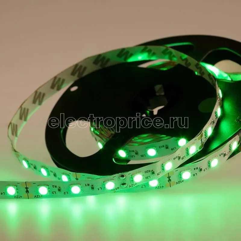 Фото Лента светодиодная SMD5050 60LED/м 14.4Вт/м 12В IP23 зел. (уп.5м) Lamper 141-464