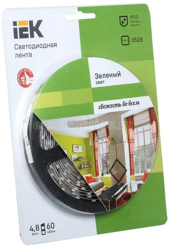 Фото Лента светодиодная ECO LED LSR-3528G60-4.8-IP20-12V 5Вт/м (уп.5м) зел. IEK LSR1-5-060-20-1-05