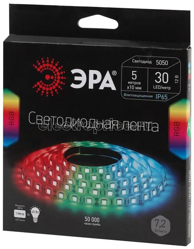 Фото Лента светодиодная 613856 LS5050-30LED-IP65-RGB 7.2Вт/м (уп.5м) ЭРА C0043044