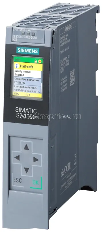 Фото Процессор центральный SIMATIC S7-1500F CPU 1511F-1 PN рабочая память 225кБайт для программы и 1Мбайт для данных 1 интерфейс - PROFINET IRT с 2х-порт. коммутатором Siemens 6ES75111FK020AB0