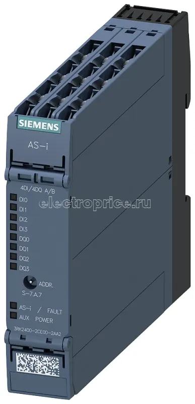 Фото Модуль AS-i SlimLine Compact SC22.5 цифровой A/B-подчиненный компонент 4 ЦВх/4 ЦВх IP20 4х вход для 3-проводн. датчика с перекл. 4х выход 2А 24В DC макс. 4А на все выходы винтовые клеммы установочн. ширина 225мм Siemens 3RK24002CE002AA2