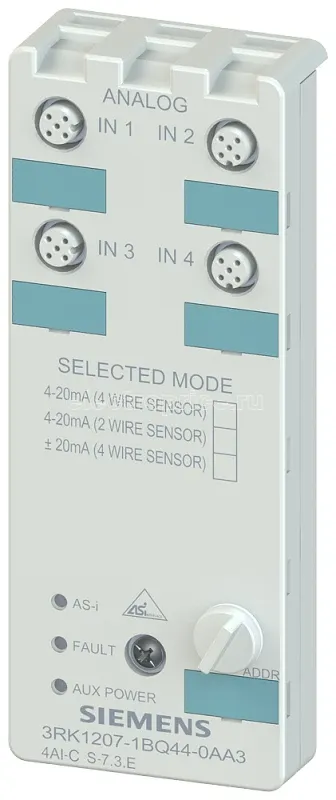 Фото Модуль компактный AS-i K60 аналоговый 4 АВх IP67 4х вход Ток 4–20 мA +/- 20 мА для 4-проводных датчиков 4х розетка М12 (монтажная панель 3RK1901-0CA00 заказывается отдельно) Siemens 3RK12071BQ440AA3