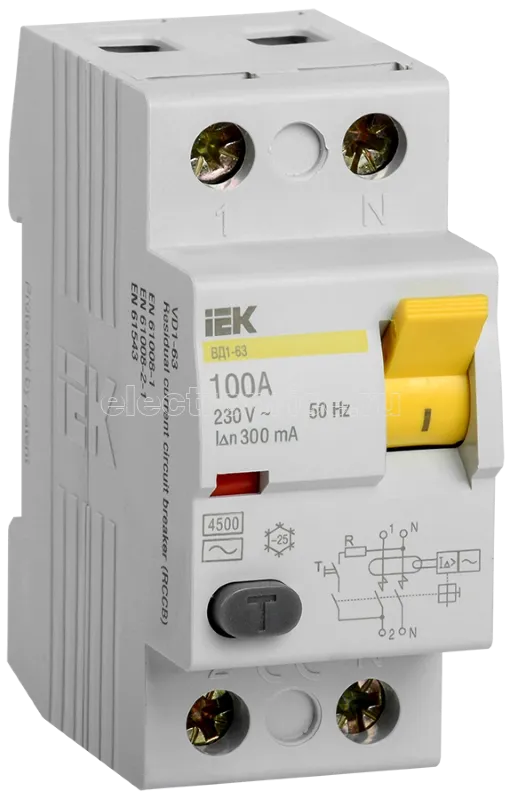 Фото УЗО 100А 2P 300мА AC MDV10-2-100-300 IEK ВД1-63 тип АС