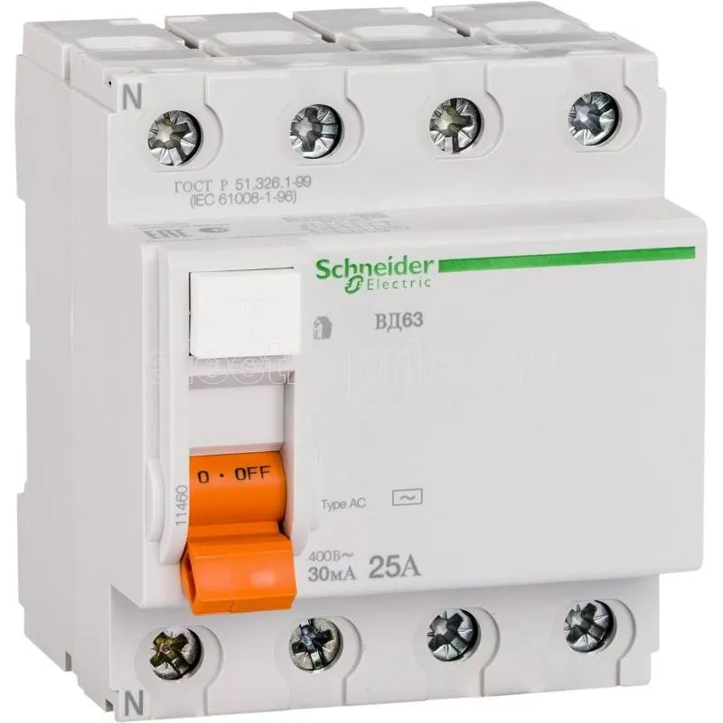 Фото УЗО 25А 4P 30мА AC 11460 Schneider Electric Домовой ВДТ (УЗО)