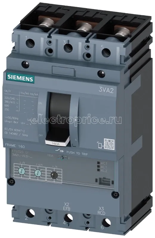 Фото Выключатель автоматический 3п 160А 55кА 415В AC ETU320 IEC LI типоразмер 160 откл. способность M литой корпус Siemens 3VA21165HL320AA0