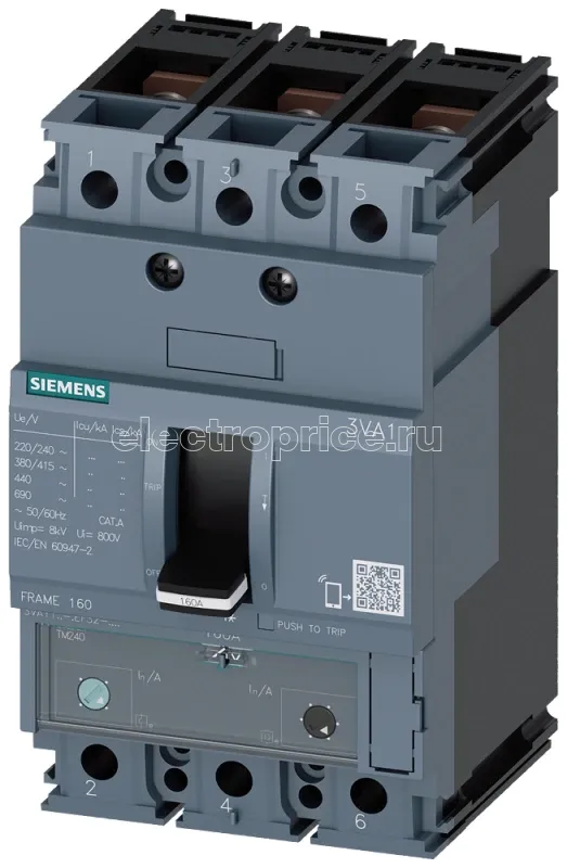 Фото Выключатель автоматический 3п 55кА 415В 3VA1 IEC типоразмер 160 откл. способность M литой корпус Siemens 3VA11165EF320AA0