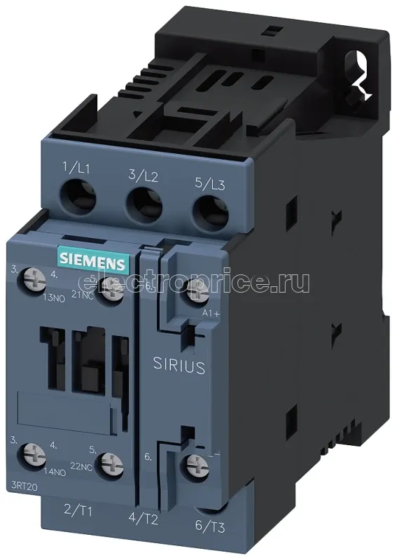 Фото Контактор 3п AC-3 5.5кВт/400В блок-контакты 1НО+1НЗ ном. напряжение управления DC 220В типоразмер S0 винтовые клеммы Siemens 3RT20241BM40