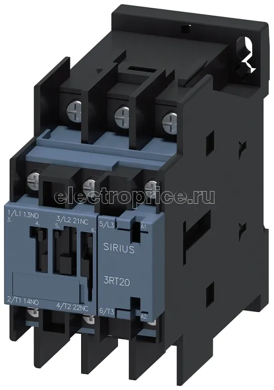 Фото Контактор 3п AC-3 5.5кВт/400В блок-контакты 1НО+1НЗ AC 400В 50Гц 400... 440В 60Гц типоразмер S0 подключение для кольцевых кабельных наконечников Siemens 3RT20244AR60