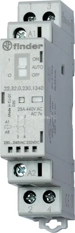 Фото Контактор модульный 2NC 25А AgSnO2 12В AC/DC 17.5мм IP20 опции: переключатель Авто-Вкл-Выкл + мех.индикатор + LED FINDER 223200124440