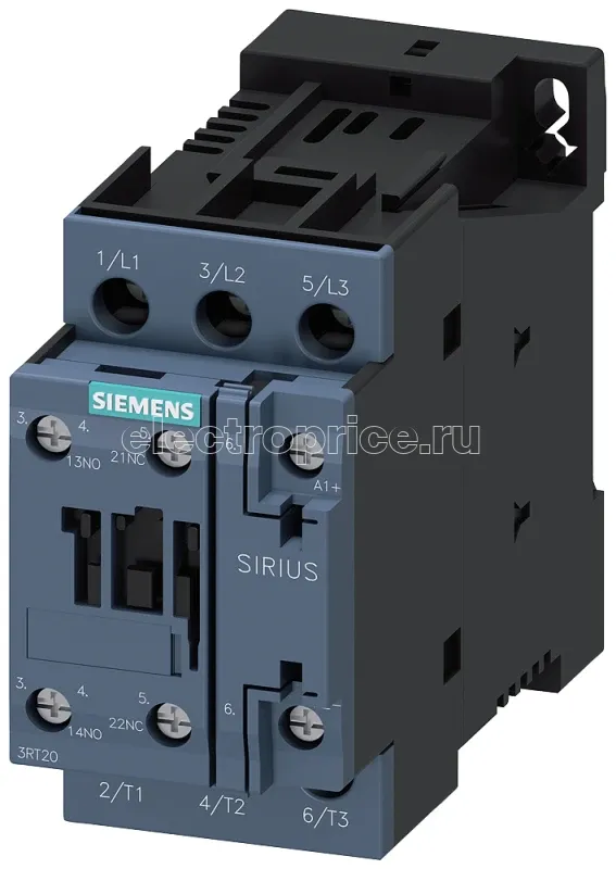 Фото Контактор 3п AC-3 5.5кВт/400В блок-контакты 1НО+1НЗ AC(40-60Гц)/DC привод US 21...28В типоразмер S0 винтовые клеммы Siemens 3RT20241NB30