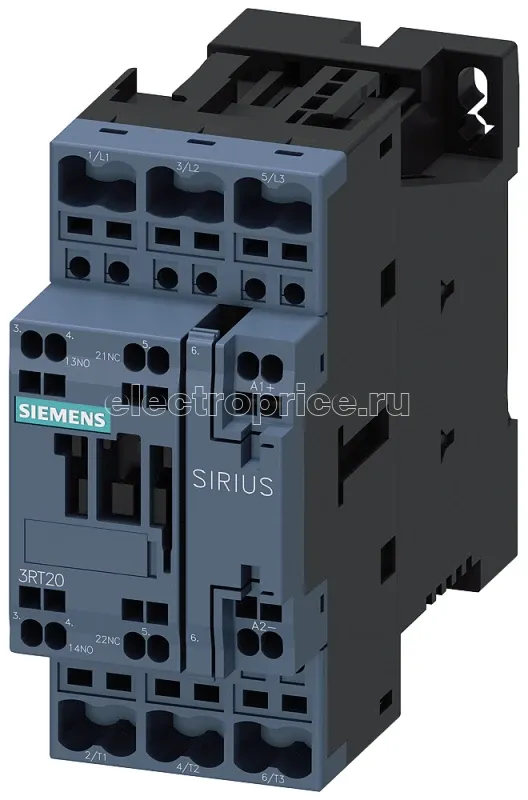 Фото Контактор 3п AC-3 7.5кВт/400В блок-контакты 1НО+1НЗ ном. напряжение управления 24В DC с диодом типоразмер S0 пружинные клеммы Siemens 3RT20252FB40