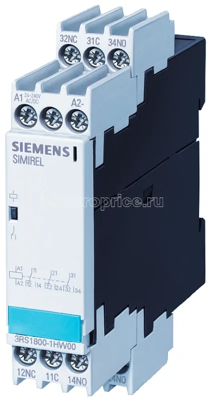 Фото Реле согласующее в промышленном корпусе 3 перекидных контакта комбинированное напряжение AC/DC 24В и 220 до 240В винтовые клеммы Siemens 3RS18001HP00