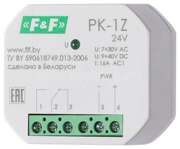 Фото Реле промежуточное PK-1Z/24 7-30 AC 9-40 DC 16А для установки в монтажную коробку d60мм 1NO/NC IP20 F&F EA06.001.046