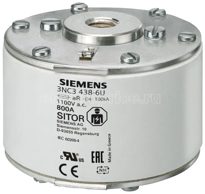 Фото Вставка плавкая SITOR для для п/п защиты 500А AR 1250В A.C. MBC=6XIN ТР 3 с болтовым контактом М12 Siemens 3NC34346U