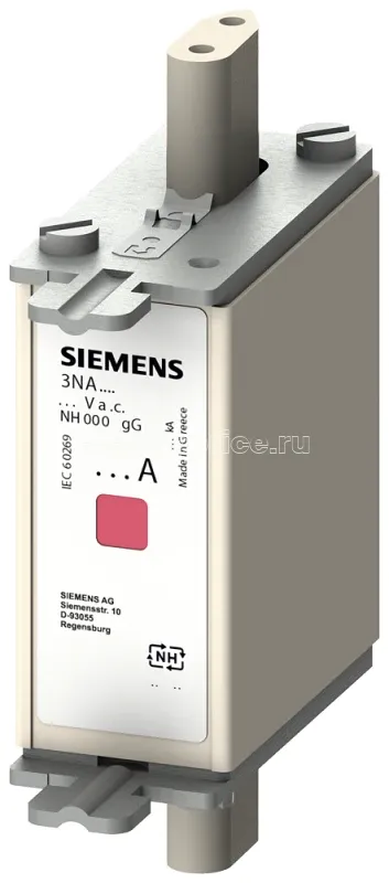 Фото Вставка плавкая низковольтная GL/GG Iном.=100А Uном.=500В с неизолиров. выступами для монт./демонт. с центральным индикатором типоразмер 000 Siemens 3NA7830