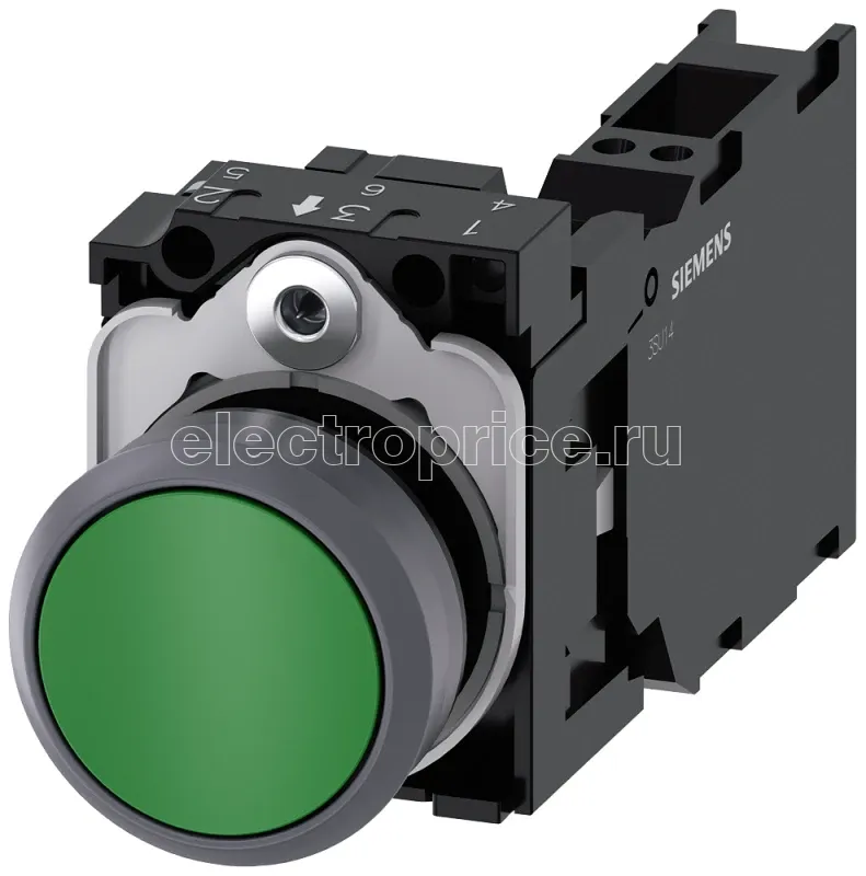 Фото Выключатель кнопочный 22мм кругл. пластмасса с металлическим фронтальным кольцом цвет: зеленый кнопка плоск. нажатием на кнопку с держателем 1НО+1НЗ пружинная клемма Siemens 3SU11300AB403FA0
