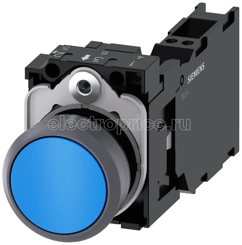 Фото Выключатель кнопочный 22мм кругл. пластмасса с металлическим фронтальным кольцом цвет: синий кнопка плоск. нажатием на кнопку с держателем 1НО+1НЗ пружинная клемма Siemens 3SU11300AB503FA0