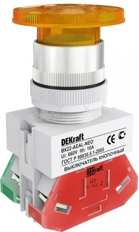 Фото Выключатель кнопочный "Грибок" AEAL ВК-22 d22мм с фиксацией желт. DEKraft 25035DEK