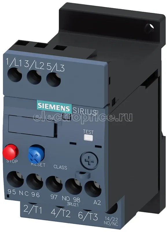 Фото Реле перегрузки 1.8...2.5А для защиты электродвигателя типоразмер S00 класс 10 отдельная установка главная цепь: винтовые клеммы вспом. цепь: винтовые клеммы сброс: ручной-авто Siemens 3RU21161CB1